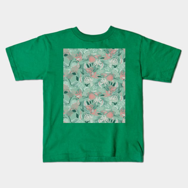 Matisse Pink and Teal Flowers Kids T-Shirt by Carolina Díaz